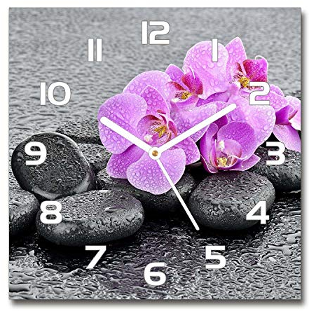 Tulup Glasuhr - 30x30cm - weißen Zeigern - Wanduhr Wandkunst Bild Gehärtetem Glas Uhr Echtglas Küche Wohnzimmer - Orchideen Steine