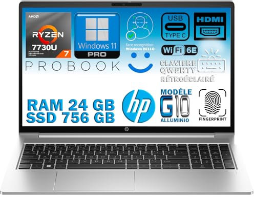 HP ProBook 465 G11 Ordinateur Portable Ryzen 7 7735U, RAM 24Go DDR5, SSD PCI 1To, Écran 16 FHD, Caméra 5MP, WiFi6E, Thunderbolt, Empreinte Digitale, Clavier AZERTY Rétroéclairé, Aluminium, Win 11 Pro
