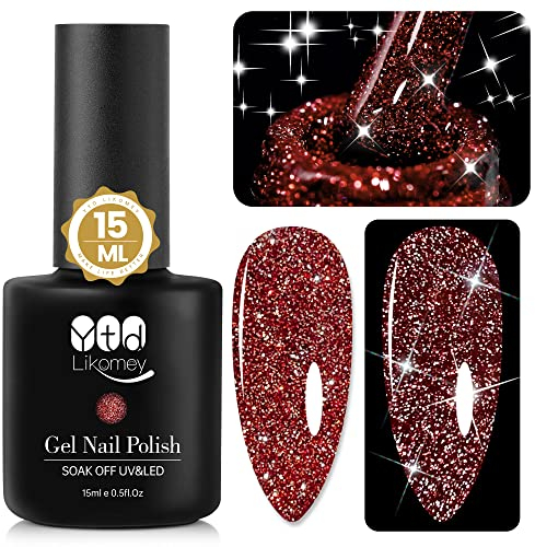 YTD Likomey UV Nagellack Glitzer,15ml Burgundisch Rot Gel Nagellack Glitter,Sparkle Funkelnd Shellac Farbgel,Reflective Holographisch Diamant Maniküre Gel Nail Polish,SZ007