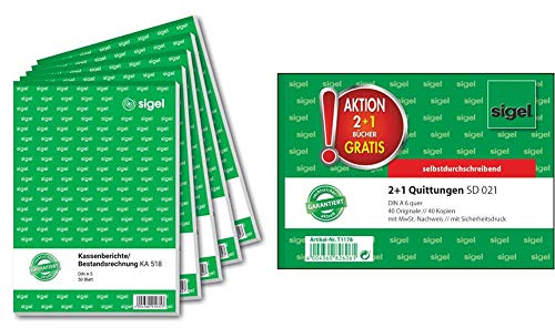 SIGEL KA518 Kassenbericht/Bestandsrechnung, A5, 5 Stück á 50 Blatt & T1178 Quittungsblock wie SD021: A6 quer, 2x40 Blatt, selbstdurchschreibend, 3er Pack