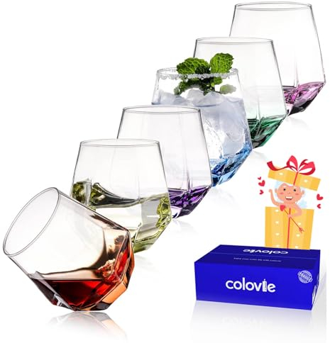 ColoVie Juego de 6 copas de vino sin tallo, copas de vino de colores, estilo antiguo, en forma de diamante, vasos coloridos únicos. Vino blanco tinto de 10 onzas, vasos de whisky, cócteles, regalos