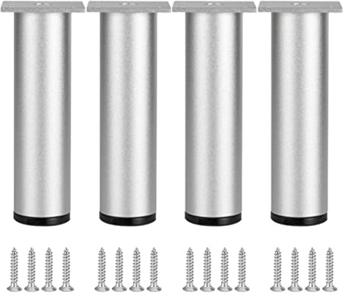 Pieds d'armoire Argent Réglable Pieds de Meubles/commode Aluminum | Finition en Anodisé Pieds Meuble Cuisine Ronds pieds pour meuble de salle de bain Ø 50 mm Pieds de Placard Socles, 4 pièces (28cm)