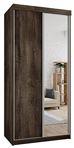 Kleiderschrank Toplo 100 II, Elegantes Schlafzimmerschrank, Spiegel, 100 x 200 x 62 cm, Dielenschrank, Garderobenschrank, Schwebetürenschrank (Esche Dunkel, mit Blauer LED Beleuchtung.)