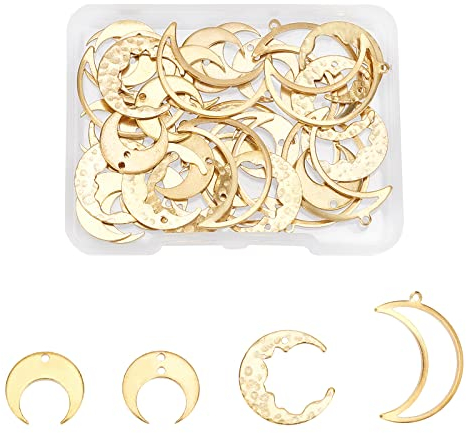 SUPERFINDINGS 40 Stück 4 Stil Messing Mond Anhänger Hohl Halbmond Rahmen Charms Unplattiert Filigrane Halbmond Anhänger Für Armbänder Schmuckherstellung Bohrung: 1 1.4mm