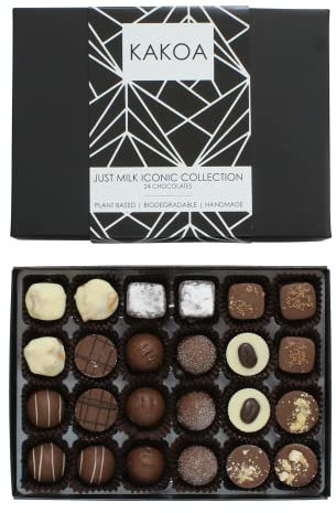 Kakoa Vegan Chocolate Selection Box - 24 Milk Chocs | Brownie, Coffee, Caramel, Liqueur etc | Plant Based Luxury Chocolates For Special Occasions | Gifts for Vegans, Vegetarian, Dairy Free Diets