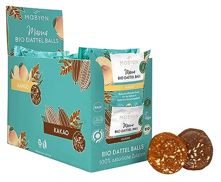 MABYEN Mama Bio Dattel Balls Mango (7x) und Kakao (13x), veganer Snack | Veganer Snack ohne Zuckerzusatz und künstliche Aromen, Ideal für Schwangerschaft & Stillzeit, 100% natürlich und vegan