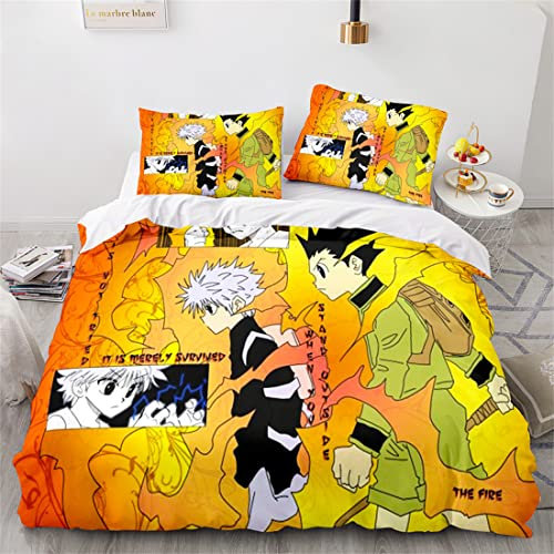 Hisoka Hunter Bettwäsche-Set, Bettbezug und Kissenbezug, Mikrofaser, 3D-Digitaldruck, dreiteiliges Bettwäscheset,ab-211,Single:55x79/140x200cm
