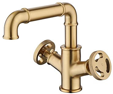 Klobvtt Robinet de lavabo de salle de bain avec tuyau industriel, mitigeurs de lavabo à un trou et à double poignées, robinets de lavabo montés sur le pont, robinet de vasque de salle de bain, or bros
