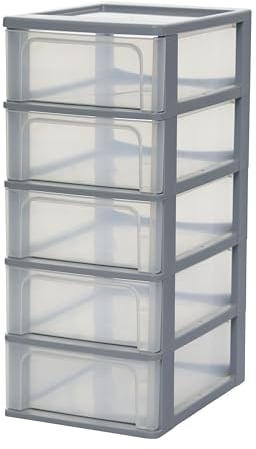 Iris Ohyama, Kunststoff Schubladenbox mit 5 flachen Schubladen, Grau, Easy-Pull-System, A4, A5 & A6 Format, Schreibtisch Organizer für Büro, Schule, Schreibwaren, BPA-frei, Schubladenschrank, OCH-2005
