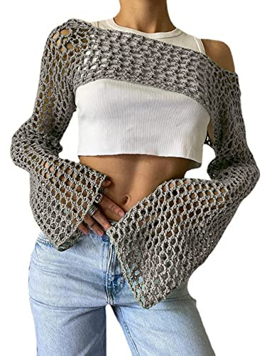 Bnigung Top corto de malla de ganchillo para mujer, sexy, Y2K, suéter de punto recortado, transparente, para cubrir el bikini, Gris, M