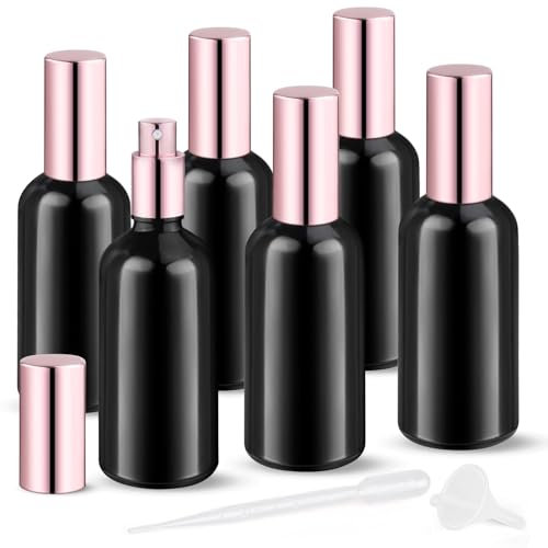6 Pack 100ml/3.4oz Glass Spray Bottles Empty Perfume Atomizer Liquid Container with Fine Mist Sprayer & Rose Gold Cap for Essential Oil Perfume Travel (1 Pipette+1 Funnel)