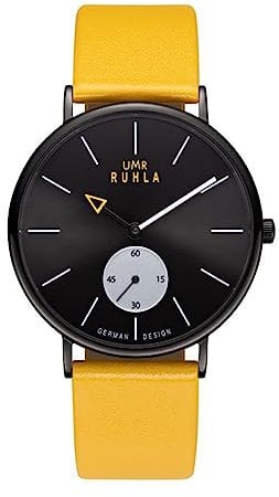 UMR RUHLA Armbanduhr, Quarz, analog, Lederarmband, Edelstahlgehäuse, wasserdicht bis 3 bar, Farbe:Gelb