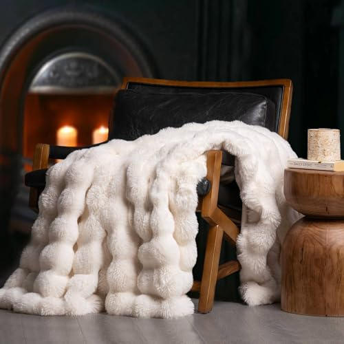 EverGrace Faux Rabbit Fur Bubble Throw Blanket, 60x80, Ivory White