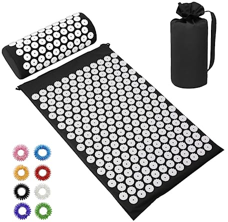 BULZEU Akupressurmatte mit Kissen,Akupressur Set gegen Nacken und Rückenschmerzen,Akupunkturmatte Acupressure Mat Massagematte zur Wohltuenden Entspannung und Massage,mit 8 Massagebälle (Schwarz)