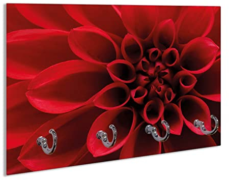 Wallario Handtuchhaken für Bad & Küche aus Glas 30 x 20 cm, Wand Handtuchhalter mit 4 Haken, Motiv: Rote Dahlienblüte in Nahaufnahme