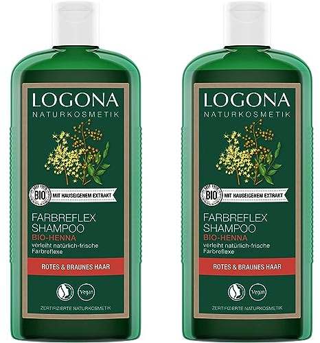 LOGONA Naturkosmetik Farbreflex Shampoo Rot-Braun für natürlich glänzendes Haar, Geeignet für braunes und rotes Haar, Color Haarshampoo mit veganer Formel aus Bio-Henna, 1 x 250 ml (Packung mit 2)
