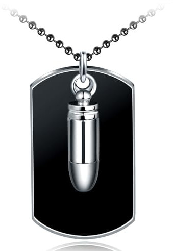 INFINIONLY Herren Edelstahl Schwarz Dog Tag Halsketten Kreativer Bullet Anhänger für Jungen Vintage Medaillen Kette für Jugendlich