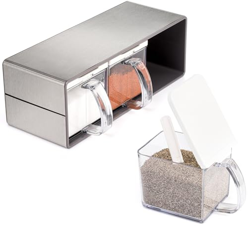 ZENFUN 3 Gitter Gewürz Organizer Box, Edelstahl Salzbehälter mit Deckel und Löffel, Gewürzbehälter mit Edelstahlgestell für Zuhause, Küche, Café, Aufbewahrung von Salz, Zucker, Pfeffer, Gewürzen