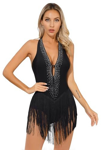 TTAO Damen Pailletten Tanz-Body Ballettbody Ärmellos Glitzer Gymnastikbody Ballett Trikot Leotard Latein Overalls Turnanzug Ballettanzug Schwarz G XXL