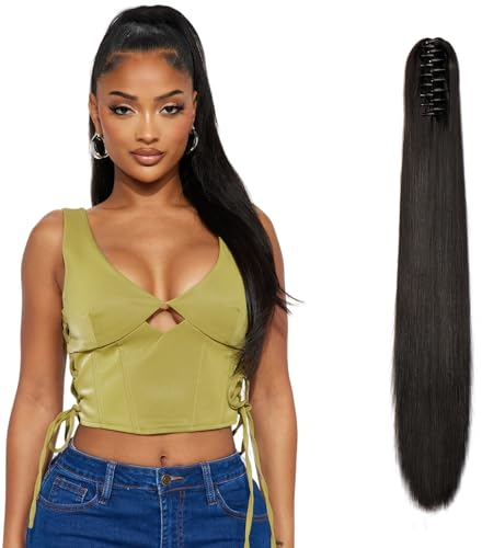 Dcbaboo Pferdeschwanz Haarteil Zopf Extension mit Klammer Glatt Lang Ponytail Extensions Haarverlängerung Clip Synthetik Gerade Pferdeschwanz Haarextension Zopf, 55cm Dunkelbraun