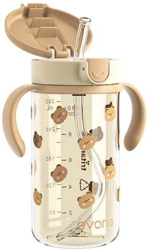 Evorie Tritan Spill Proof Toddler Straw Sippy Cup, for Baby and Toddlers 1-3 Years Old, 300ml, No Spill Straw Water Bottle with Removable Handles, Ideal for School, BPA-Free, Honey Bear