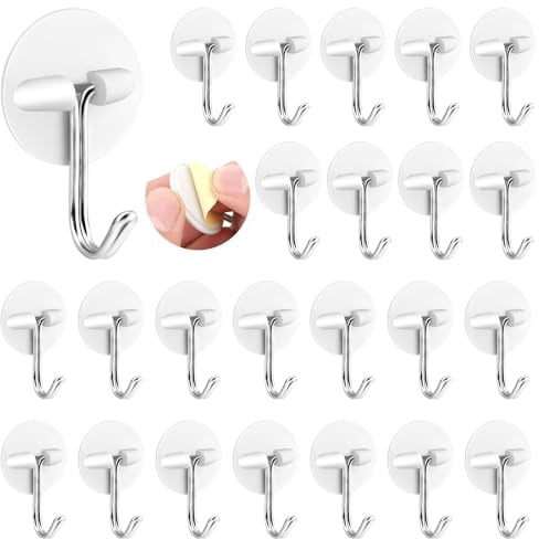 24 Pieces White Adhesive Hooks Hanging Wall Hooks Round Plastic Hooks Ceiling Small Self Stick Hooks Seamless Self Sticky Hook Stainless Hooks Waterproof Oil Proof for Kitchen Hanging Utensils