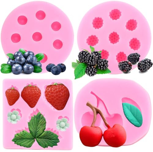 RFGHAC Blueberry Raspberry Cherry Strawberry Cake Fondant Moulds Berry Series Sugarcraft Gumpaste Silicone Mold for Chocolate Candy Cupcake Topper Decorating Polymer Clay Resin Set of 4