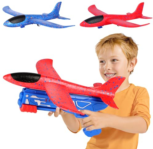Avion Polystyrene Planeur avec Pistolet Catapulte, Avion Jouet Volant Enfant Maquette Avion en Mousse Jeux de Lancer, Jeu Exterieur Intérieur Jardin Cadeau Anniversaire Garçon Fille Ado 3-12 Ans