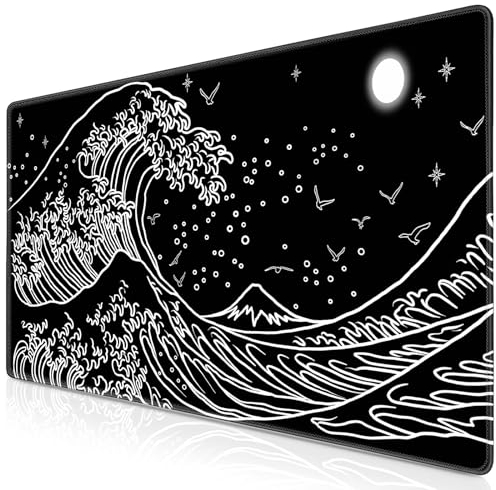 Abetcabe Gaming Mauspad XXL, Mousepad 900 x 400mm, Schwarz Japanische Meereswelle Mauspad groß Vernähte Kanten WassXerdicht Anti-Rutsch für PC, Laptop Verbessert Präzision und Geschwindigkei