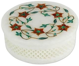 Gifts And Artefacts Schmuckschatulle mit antikem Muster, 10,2 x 10,2 cm, Geschenk für Damen, runde Form, weißer Marmor, Schmuckschatulle mit elegantem Look