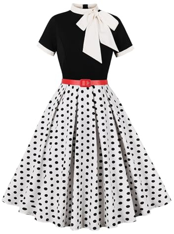 Odizli Rockabilly Kleider Damen 50er Jahre Vintage Kurzarm Krawatte Polka Dot Blumen Swing Knielang Coctailkleid mit Gürtel