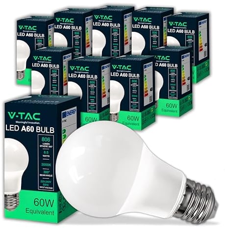 V-TAC 10x Lampadine LED con Attacco E27 8,5W (Equivalenti a 60W) A60 - Lampadine LED di Nuova Generazione - 806 Lumen - Massima Efficienza e Risparmio Energetico - 3000K Luce Bianca Calda