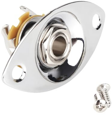 Banworks Jack de entrada elíptico de 6,35 mm, ovalado, con forma de ojo de gato, para guitarra eléctrica, placa de entrada y salida con tornillos para bajo Super Strat ST Tele JT/CK-01 cromado