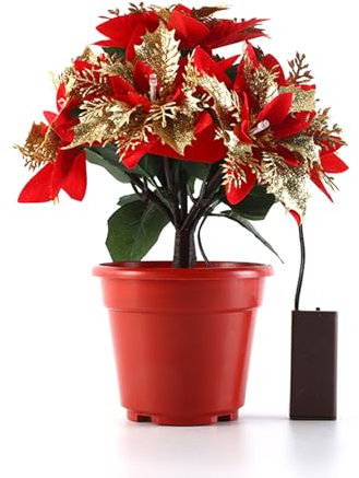 LEMCC Beleuchtete Weihnachtssterne, Künstliche Weihnachtsblumen, Vorbeleuchtete Rot-goldene Weihnachtsstern-Pflanzen in Töpfen, Künstliche Weihnachtssterne aus Seide, (B)