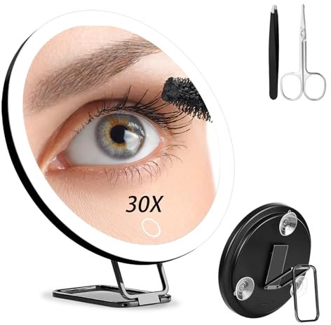 Junyaoxuan Miroir grossissant x30 avec lumière, grand miroir de maquillage grossissant de 15,2 cm avec 3 couleurs à intensité variable, support de table, 3 ventouses, noir