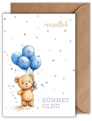 Beschneidung Karte mit Umschlag - Beschneidungsglückwunsch Mashallah sünnet oldu Wasserfarben Teddibär Blaues Auge Luftballons Nazar-Amulette Beschneidungsfeier Junge Kinderbeschneidung (DIN A6)