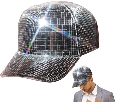 Discokugel Hut, Discokugel Baseball Cap, Disco mirrors Glitter Ball Cowboyhut, Glitzer Discokugel Spiegel Kugelhüte Kleidung, Silber