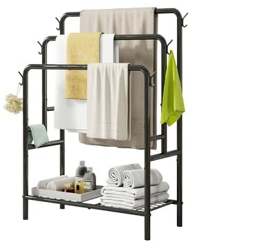 VERFARM Porte-serviettes autonome à 3 niveaux en métal avec étagère de rangement, 6 crochets, support de couverture pour accessoires de salle de bain, rangement pour serviettes de bain et