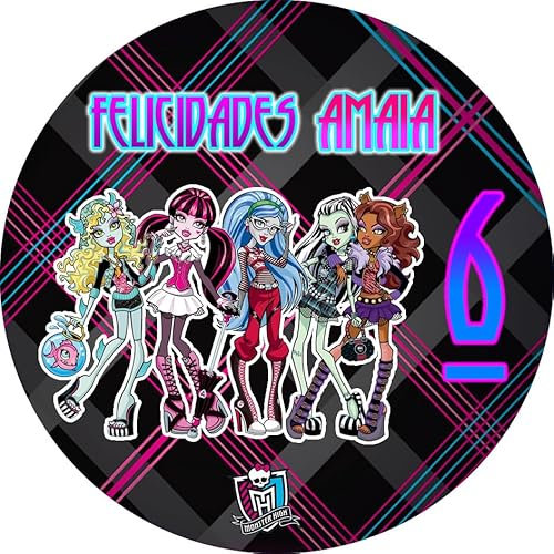 OBLEA Monster High Redonda personalizada para Pastel o Tarta, Papel Comestible Decoracion Cumpleaños, Obleas Comestibles Torta Redondo - Vegano y Sin Gluten