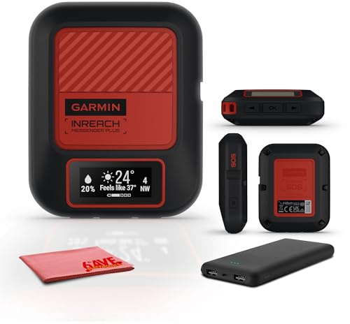 Garmin inReach Messenger Plus, SOS Handheld Satellite Communicator with Photo, Text & Voice Messaging Without Cell Service, 25 Days Battery Life, Bundle with Accessories