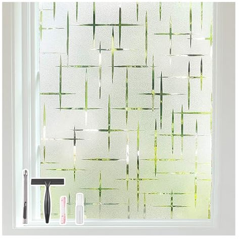 FINNEZ Fenêtre Film Intimité et Protection Contre la Lumière Décoratif, Autocollant de Fenêtre Givré Statique pour Bureau à Domicile Salon Cuisine (Motif en Croix) 44,5X200CM avec Outils