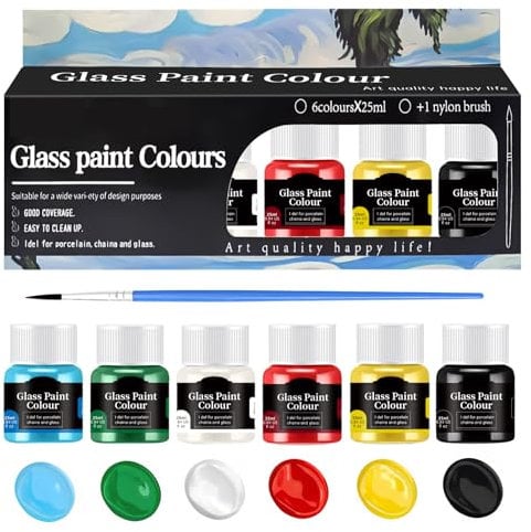 Colori per Vetro Permanenti, 6 * 25ml Vernice per Vetro, Colori per Ceramica, Colori per Ceramica Senza Cottura, Pasta pura e Brillante, Ideale per Dipingere Tazze, Vasi e Bicchieri