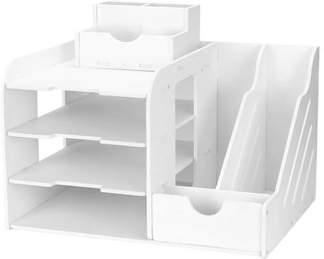 Alleshelfer Schreibtisch Organizer Weiß, Büro Aufbewahrung mit Großer Kapazität, Büro Organizer, Schreibtisch-Ablage zur Ordentlichen Aufbewahrung von A4-Papier, Stiften, Büchern, Briefen, Dokumenten