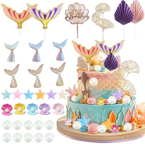 33 Pcs Mermaid Cake Topper, Princess Cake Toppers Mermaid Party Decorations Big Mermaid Tail Seaweed Bubbles Shells and Golden Ginkgo Leaves for Girls Party Supplies Under the Sea Cake Decor