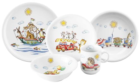 Seltmann Weiden Compact Kindergeschirrset 5-teilig, Teller-Set Schale und Becher für Kinder, Kinderservice mit bunten Motiven, Porzellan, Flinke Flitzer