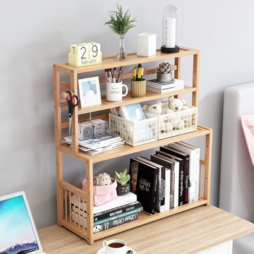 CHZIMADE Wood Desk Storage Organizer 3-Tier Desktop Shelf Bookshelf Supplies Storage Rack Bookcase Display Office Home Table
