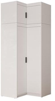 Mirjan24 Eckkleiderschrank Elena 2D mit 5 Einlegeböden, Drehtürenschrank mit Kleiderstange, Kleiderschrank für Schlafzimmer oder Flur (Weiß, Mit Schrankaufsatz)