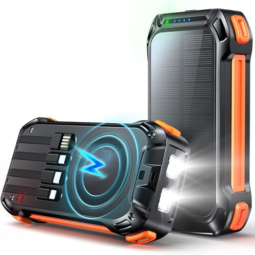 Wireless Solar Charger 26800mAh Power Bank 30W PD Fast Charging, 15W Wireless Charger with 4 Built-in Cables, 3 Ports, Flashlights, Portable Battery Pack for Phones, Tablets, Camping (Black Orange)