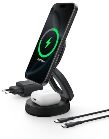 Belkin 2-in-1 Qi2-Ladestation (15W), kompakte, verstellbare, MagSafe-kompatibles magnetisches Ladegerät für iPhone 16, 15, 14, 13, 12 und AirPods mit rutschfestem Sockel, inkl. 30-W-Netzteil - Schwarz