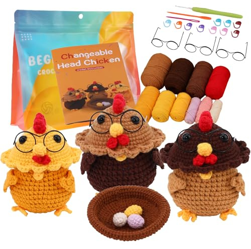 ANGAHE creating moments Crochet Bastelset für Erwachsene und Jugendliche: Häkel- und Häkelset, einfach zum Erstellen von Amigurumi – ideal für Anfänger. (3 gehäkelte Weise Hühner)